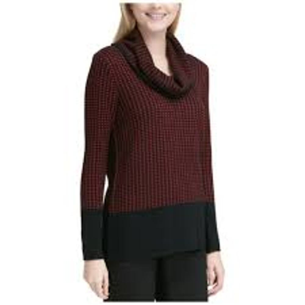Calvin Klein Black & Red Geometric Design Cowl‎ Neck Long Sleeve Sweater Size XL